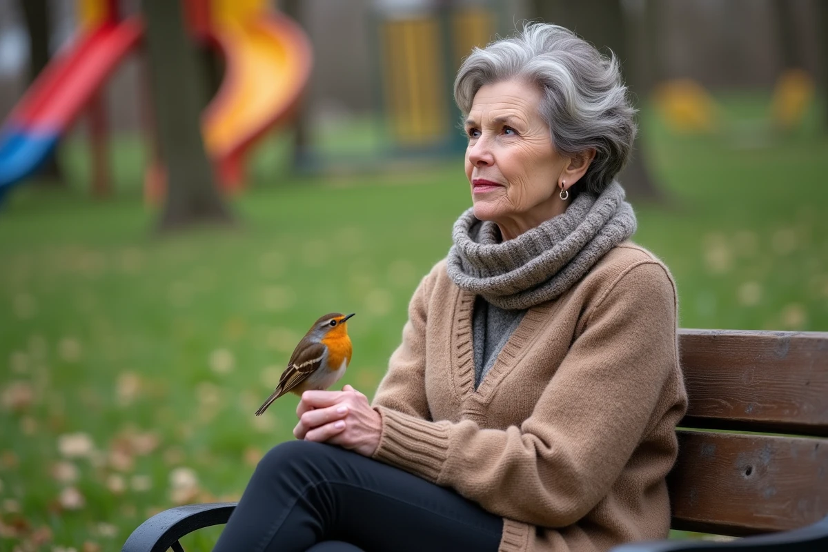 Femme assise sur un banc dans un parc avec un rouge-gorge