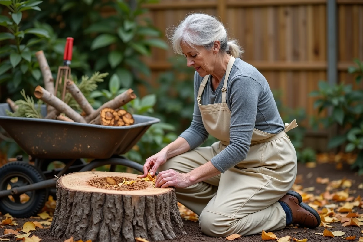 Femme examinant une souche d'albizia dans un jardin en automne avec brouette de branchages pour compost