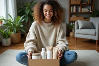 Jeune femme souriante déballant une box écologique à la maison