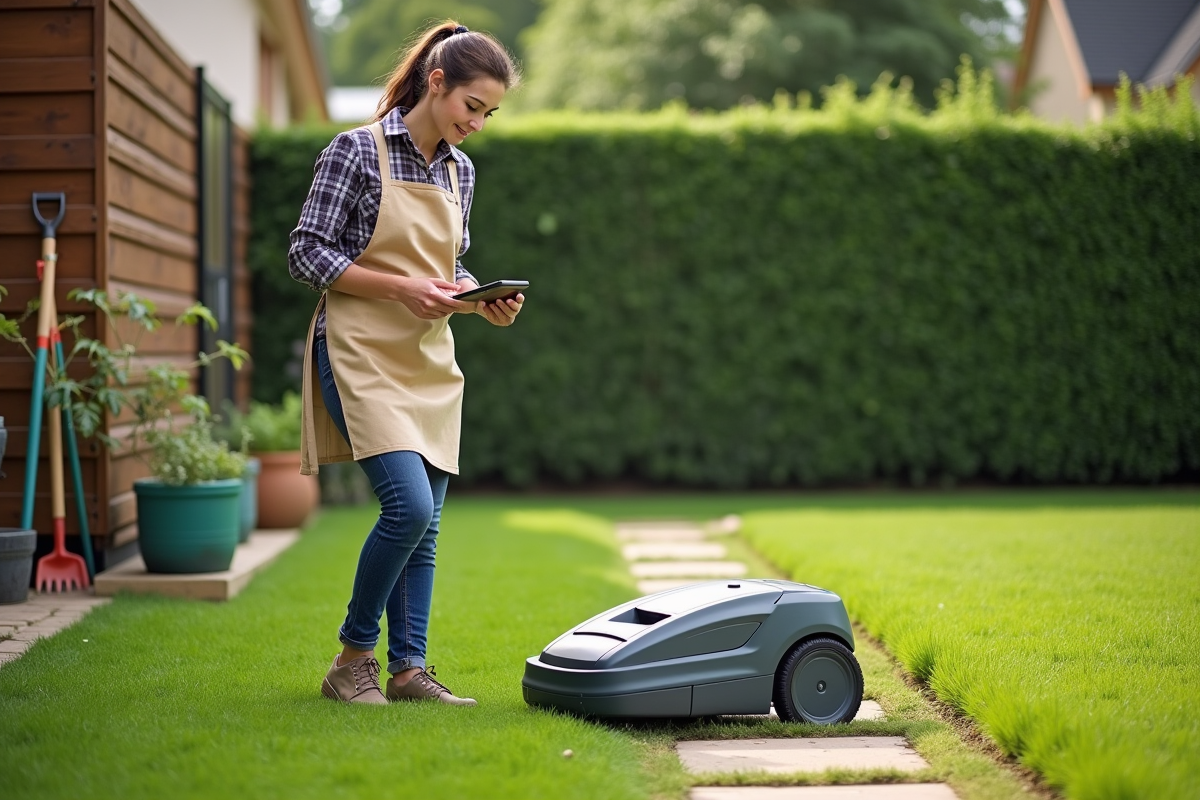 Jeune femme inspectant une tondeuse robot dans le jardin
