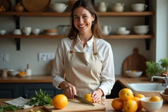 Femme en cuisine tranchant un ceriman frais