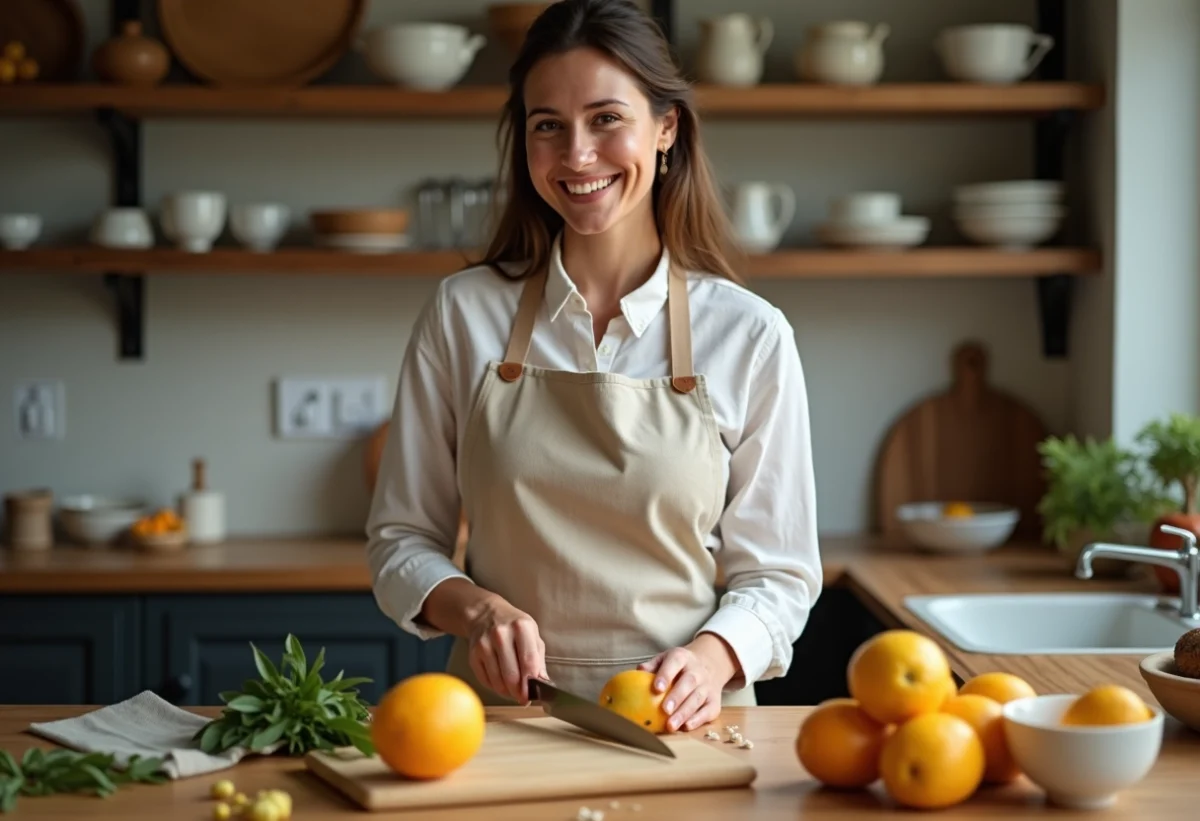 Femme en cuisine tranchant un ceriman frais