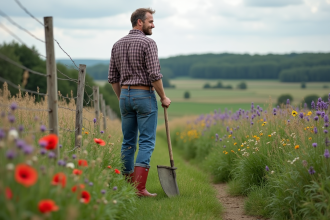Fermeur avec faux dans un champ de fleurs sauvages