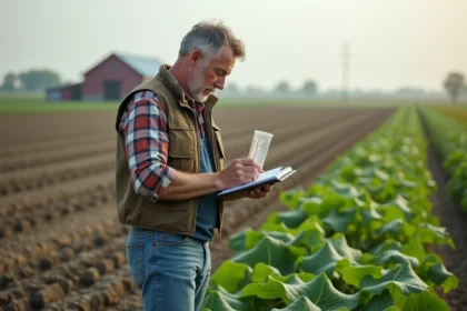 Fermeur mesurant glyphosate dans un champ de culture