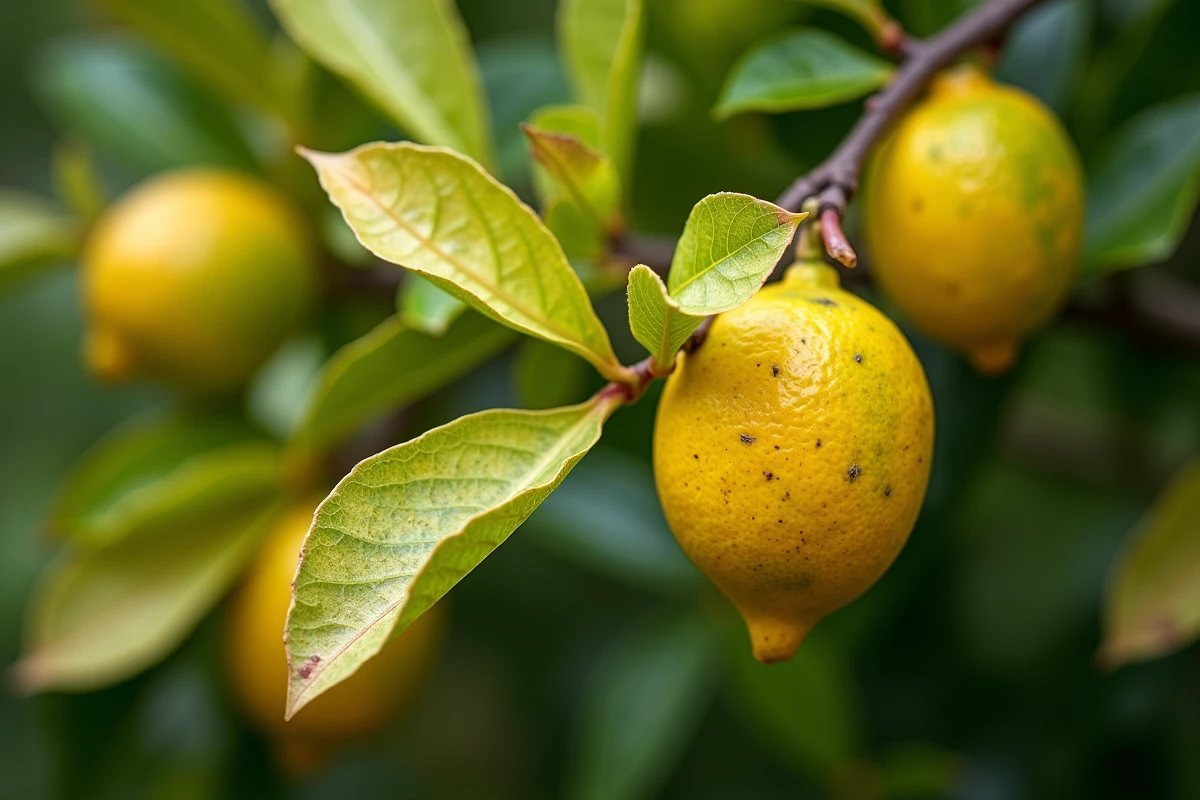 Gros plan sur des feuilles de citronnier jaunies avec taches et déformations dues aux carences ou parasites