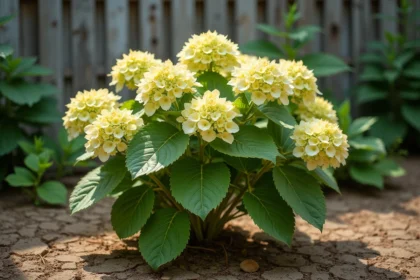 Feuilles d'hortensia jaunissantes en été dans un jardin exposé au soleil, sol sec et crackelé visible à la base du plant
