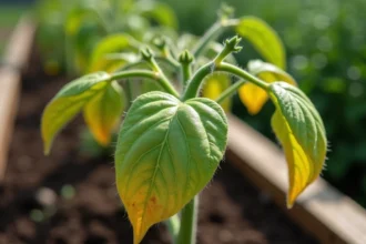Feuilles de plants de tomates jaunes avant floraison dans un potager, gros plan sur les symptômes de jaunissement foliaire