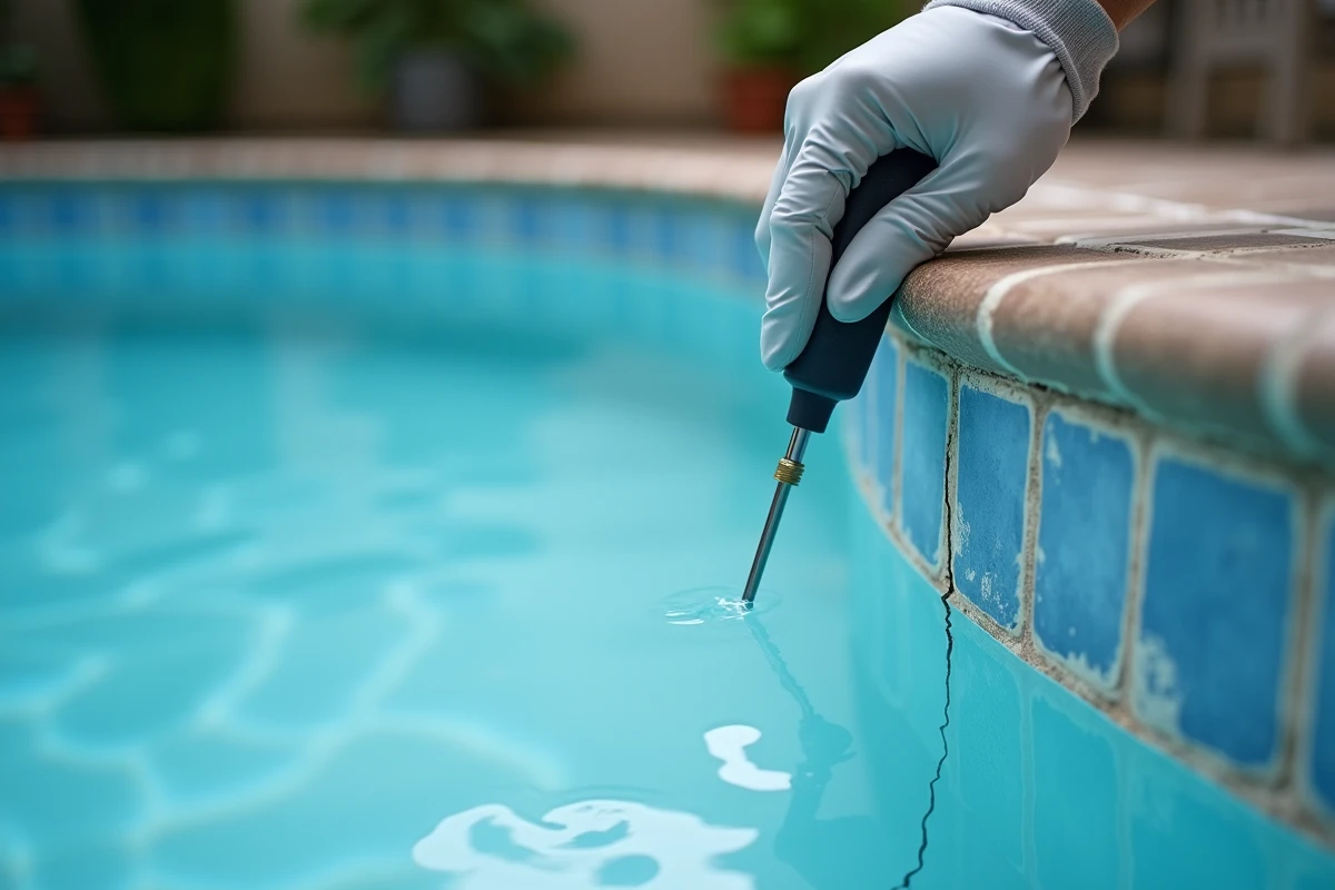 Détail d'une fissure sur la paroi intérieure d'une piscine coque en fibre de verre avec outil de détection professionnel