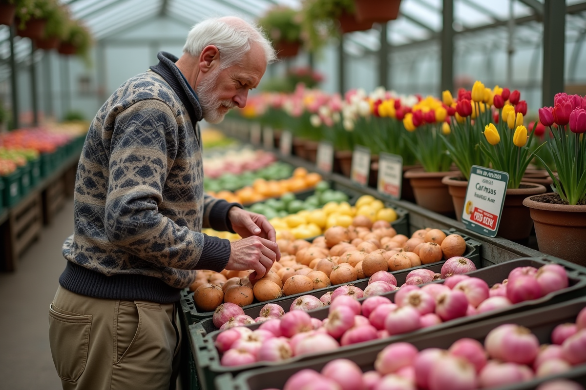 Homme âgé examinant des bulbes de fleurs dans un centre de jardinage