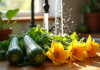 Fleurs de zucchini fraîchement lavées sous un robinet ensoleillé