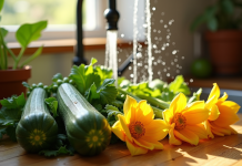 Fleurs de zucchini fraîchement lavées sous un robinet ensoleillé