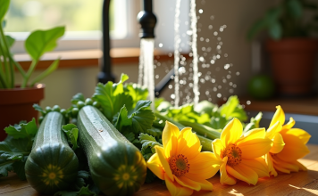Comment cuisiner les fleurs de courgette de votre jardin ? Fleurs de zucchini fraîchement lavées sous un robinet ensoleillé