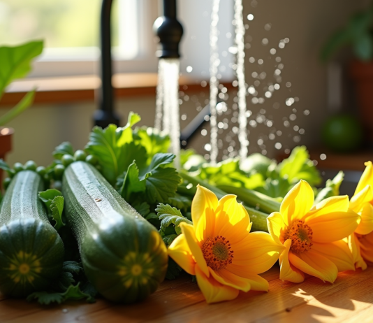 Fleurs de zucchini fraîchement lavées sous un robinet ensoleillé