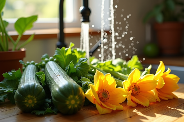 Fleurs de zucchini fraîchement lavées sous un robinet ensoleillé