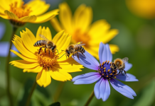 Fleurs sauvages jaunes et bleues avec des abeilles en plein pollen
