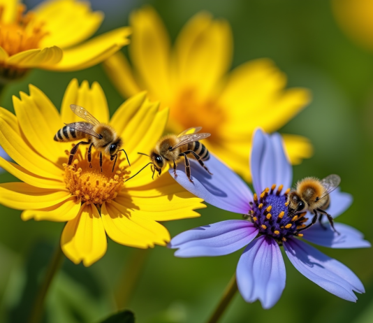 Fleurs sauvages jaunes et bleues avec des abeilles en plein pollen