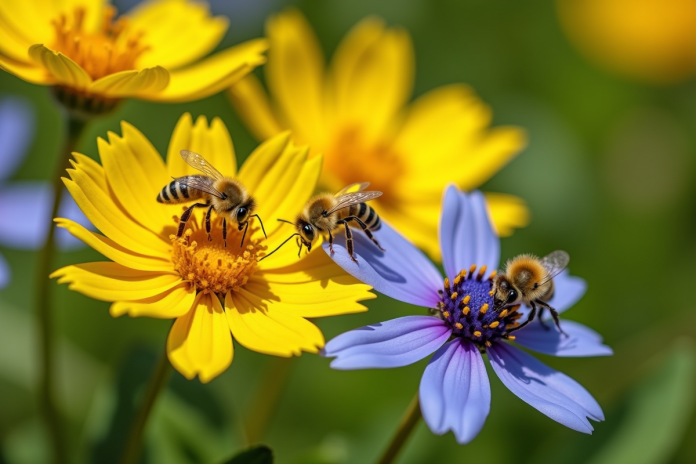 Fleurs sauvages jaunes et bleues avec des abeilles en plein pollen