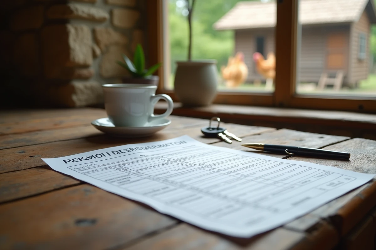 Formulaire de déclaration fiscale posé sur une table en bois rustique avec vue sur un poulailler en arrière-plan, symbolisant la taxe sur les poulaillers en France
