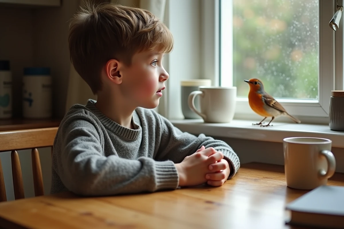 Garçon dans la cuisine regardant un robin par la fenêtre