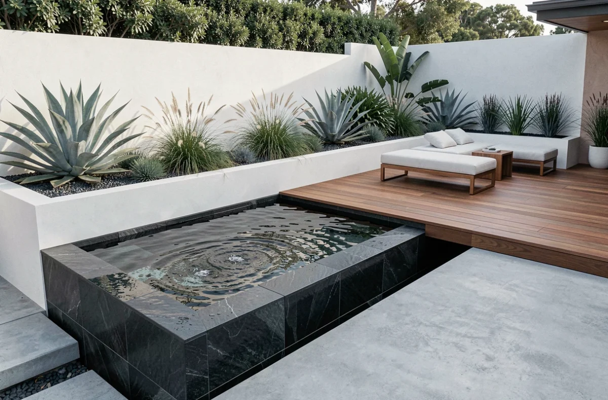 Jardin contemporain design de Garden Concepts avec bassin à débordement en ardoise, plantations architecturales et terrasse en teck épuré