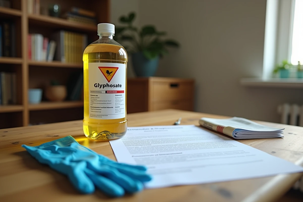 Bouteille de glyphosate un litre avec formulaire de déclaration douanière et gants de protection sur un bureau