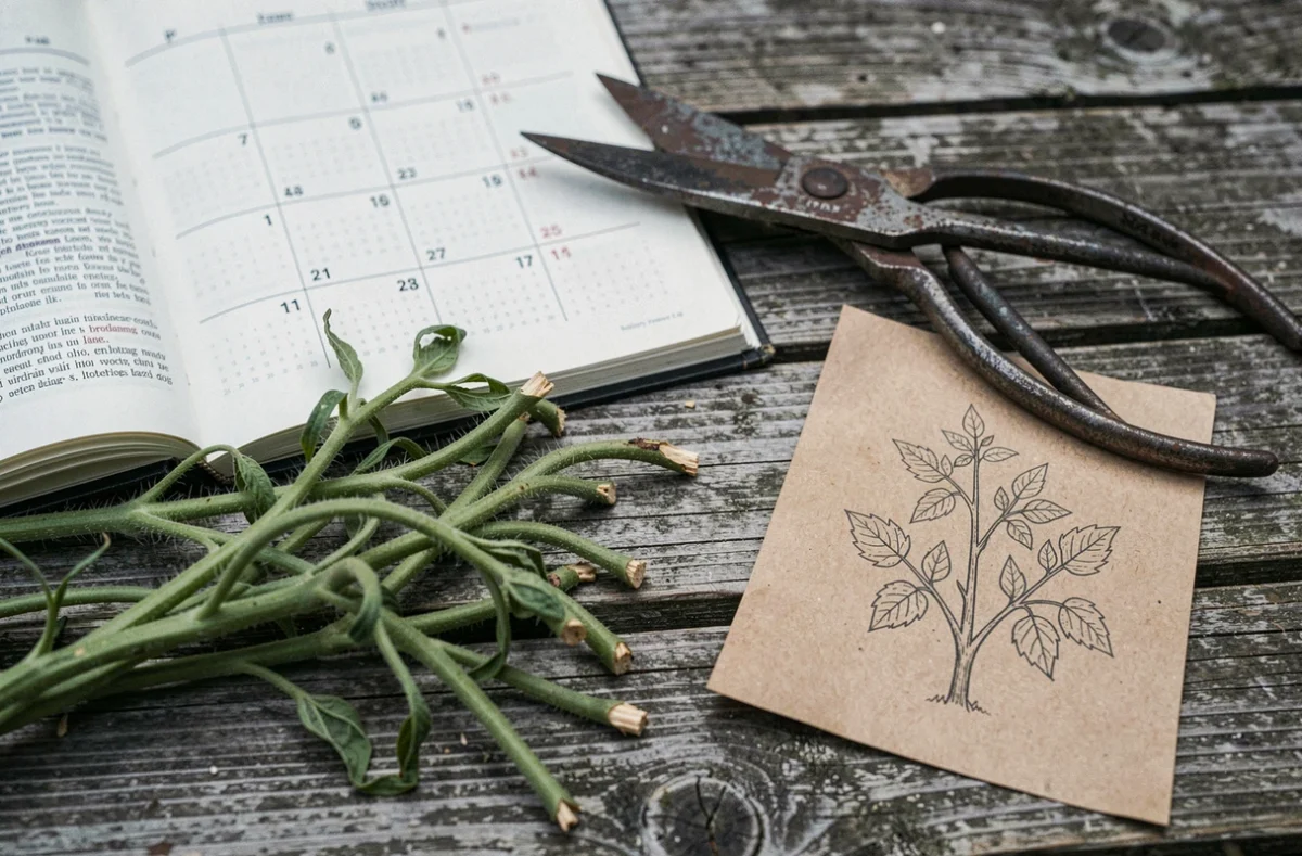 Gourmands de tomates coupés posés sur une table de jardin avec un calendrier lunaire et des outils de jardinage