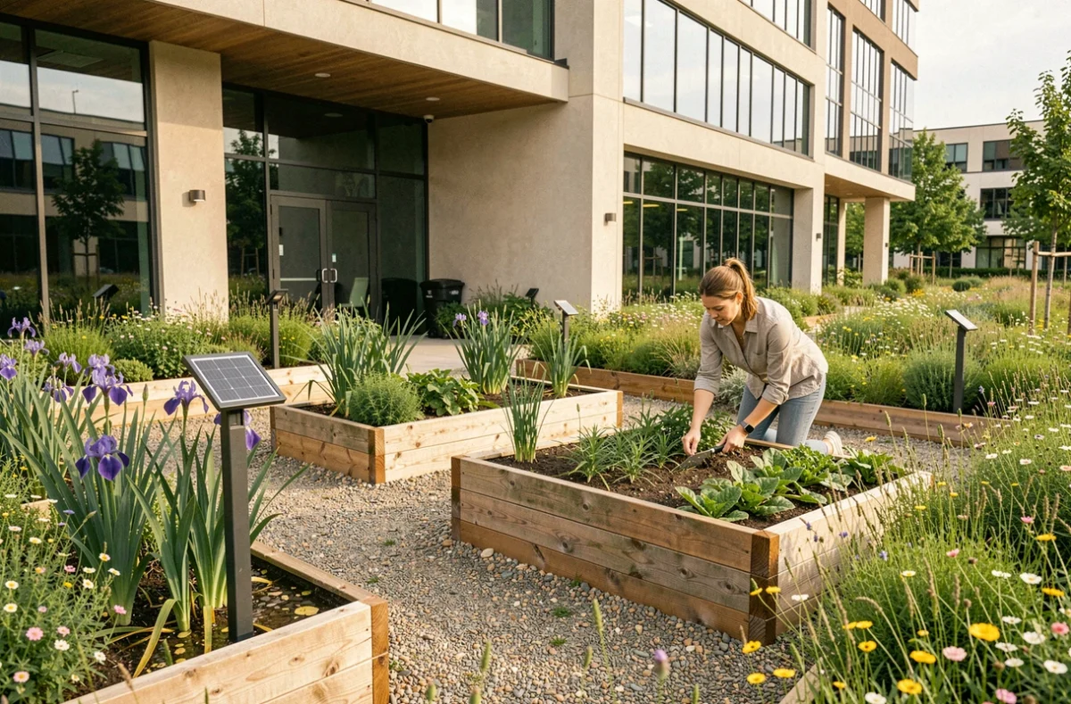 Espace vert durable pour entreprise réalisé par Green Style avec prairie fleurie native, jardin pluie et potager en bois recyclé