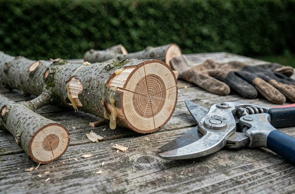 Gros plan sur des branches taillées avec une coupe nette et un sécateur professionnel posé sur un établi en bois