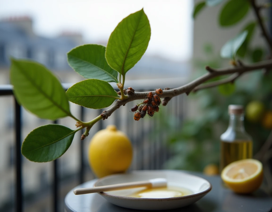 Gros plan sur des cochenilles sur une branche de citronnier avec coton et huile de neem pour traitement naturel