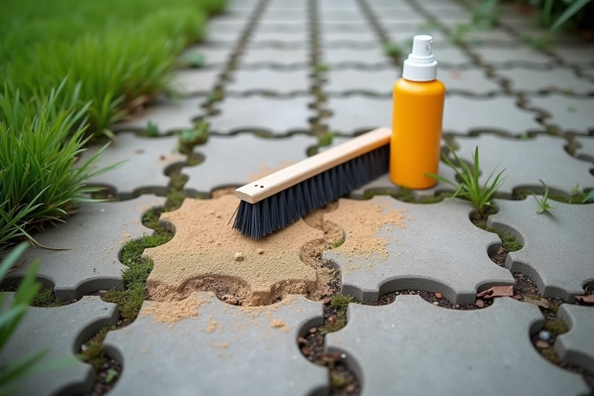 Gros plan sur les joints en sable d'un pavé autobloquant avec une brosse et un désherbant écologique posés sur les pavés lors d'un entretien
