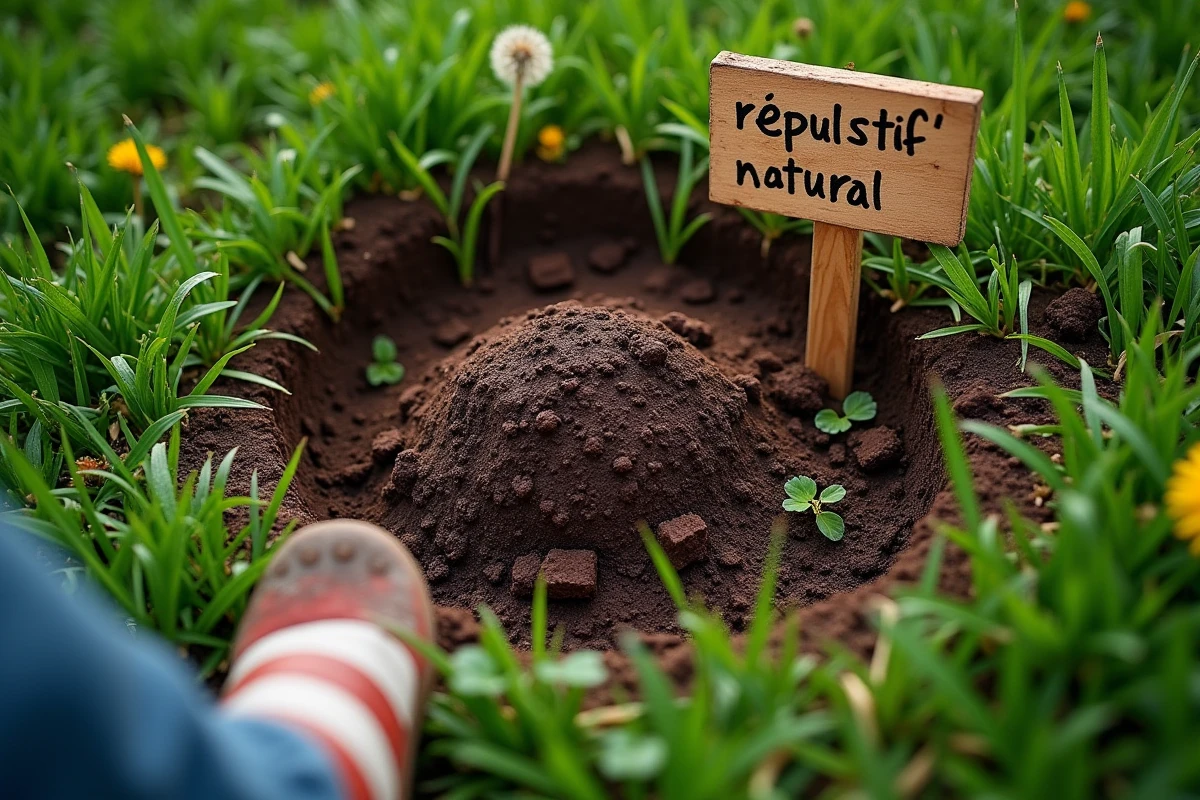 Gros plan d'une taupinière dans un jardin avec un répulsif naturel et une botte d'enfant en arrière-plan
