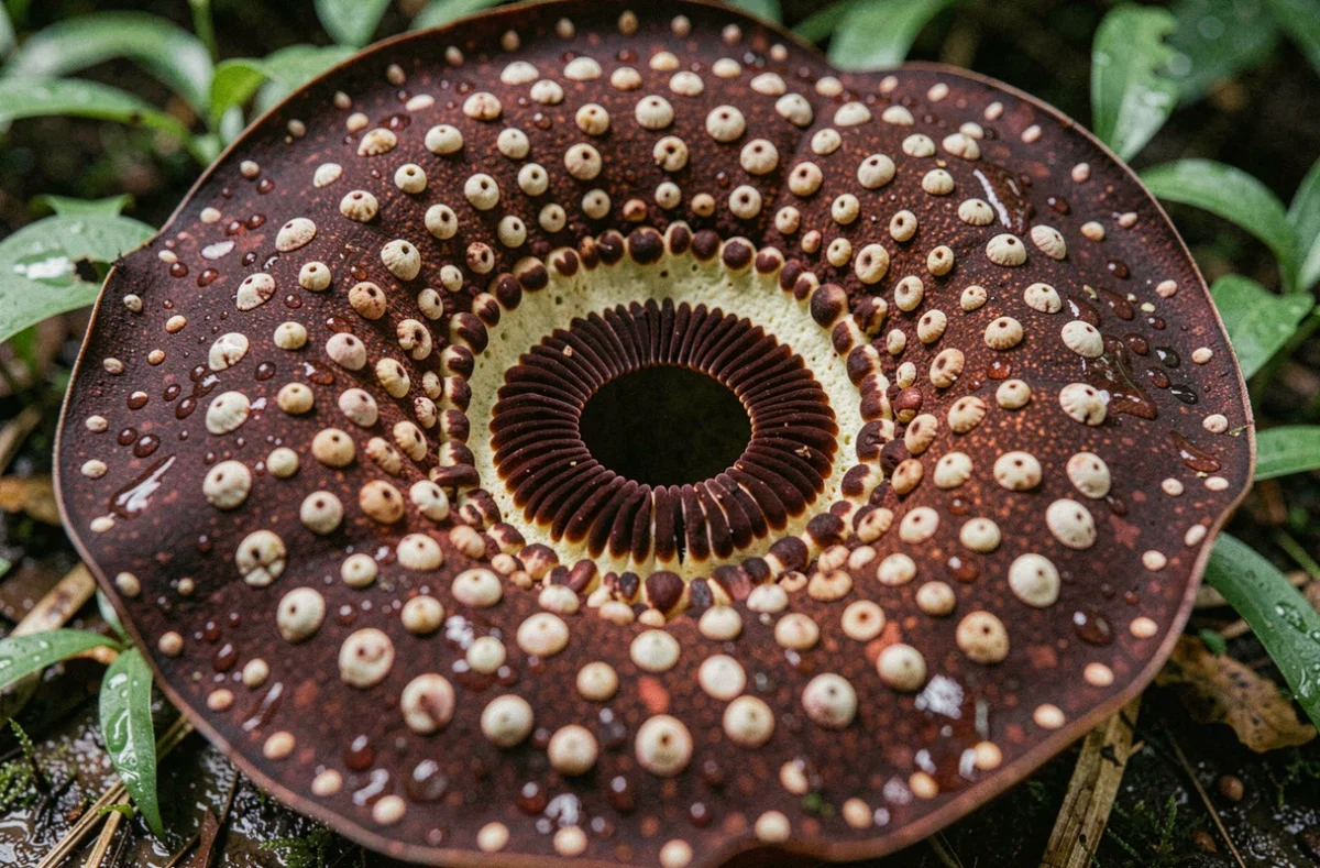 Gros plan macro sur la surface texturée et l'ouverture centrale d'une fleur Rafflesia arnoldii avec gouttelettes d'humidité