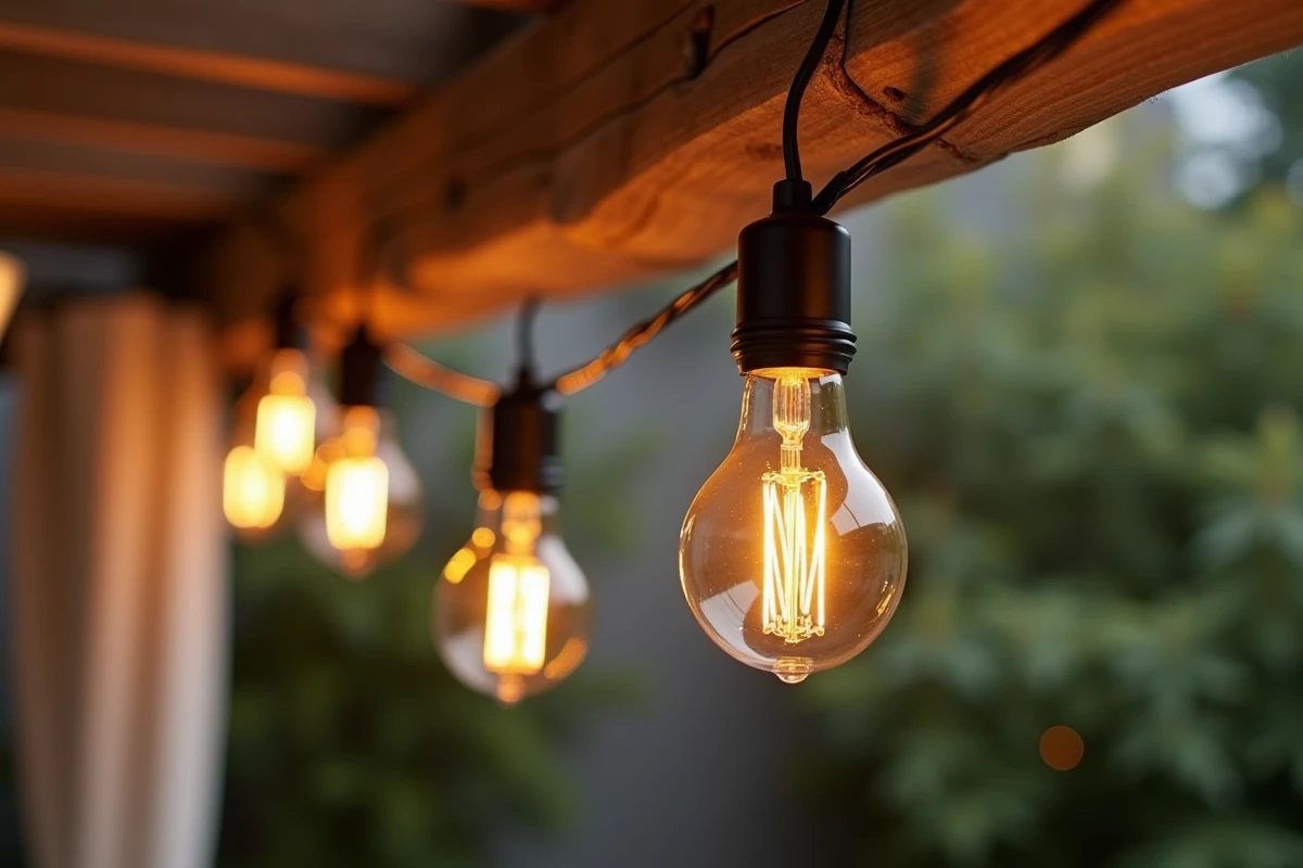 Gros plan sur une guirlande lumineuse solaire type Edison enroulée autour d'une poutre en bois de pergola avec bokeh naturel et texture de verre visible