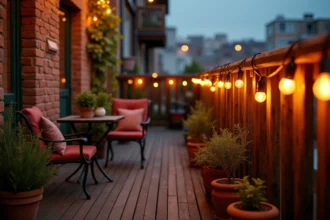 Balcon extérieur décoré d'une guirlande lumineuse solaire aux tons ambrés au crépuscule avec des plantes en pots et une table bistrot en fer forgé