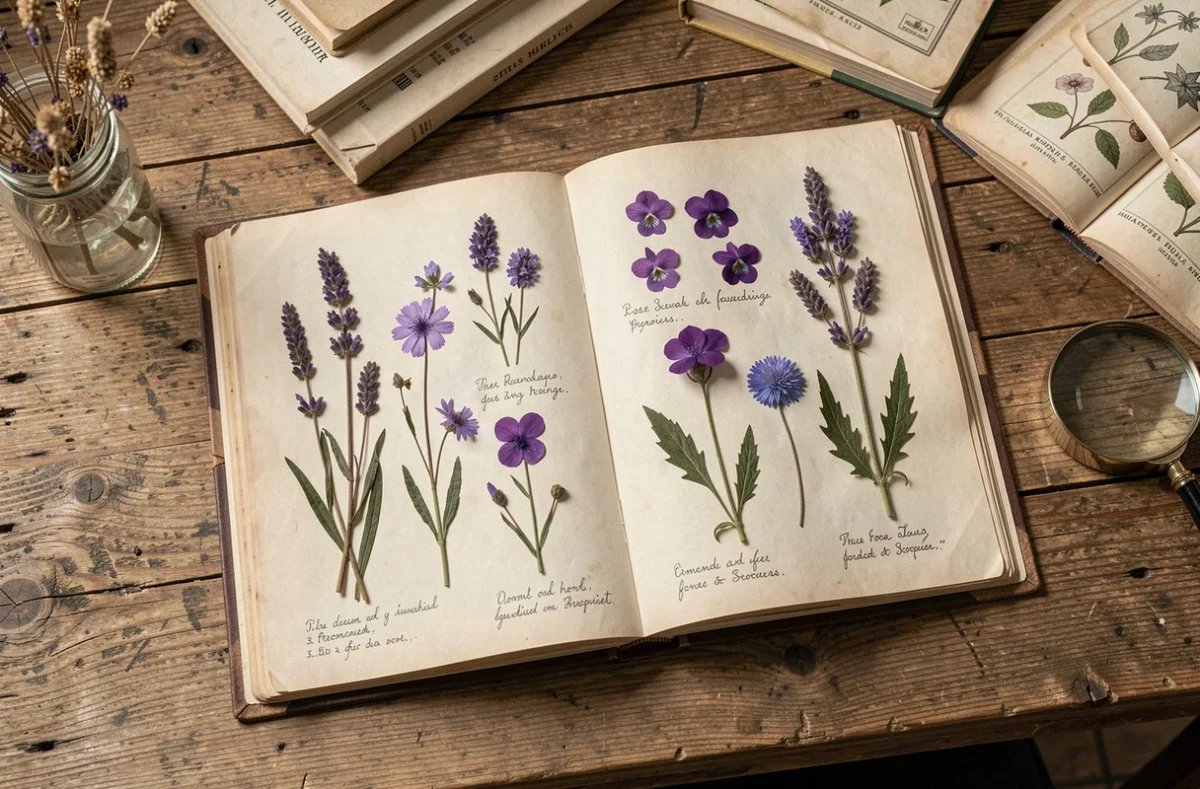 Herbier maison ouvert avec des fleurs mauves sauvages pressées et annotées sur une table en bois