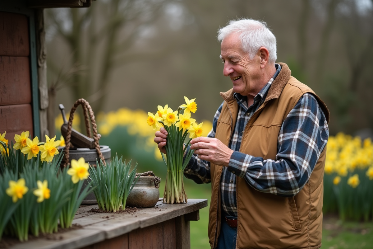 Homme âgé examinant des jonquilles coupées dans le jardin
