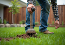 Aération sol : bénéfices, impacts, et méthode d’aération du sol Homme utilisant un aérateur manuel sur une pelouse verte