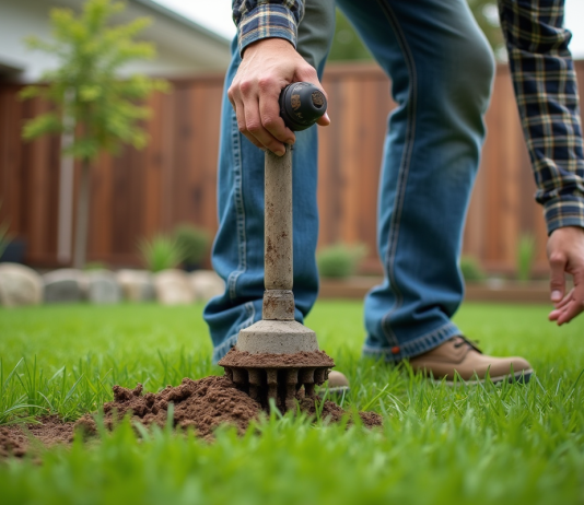 Aération sol : bénéfices, impacts, et méthode d’aération du sol Homme utilisant un aérateur manuel sur une pelouse verte