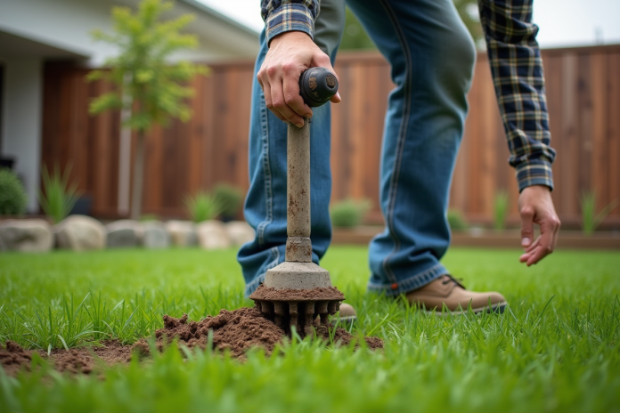 Homme utilisant un aérateur manuel sur une pelouse verte