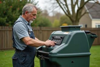 Homme en overalls inspectant une grande tondeuse de jardin