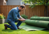 Calculer la quantité de gazon synthétique : conseils et astuces Homme d'âge moyen calculant la surface du gazon synthétique dans un jardin