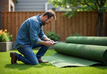 Homme d'âge moyen calculant la surface du gazon synthétique dans un jardin