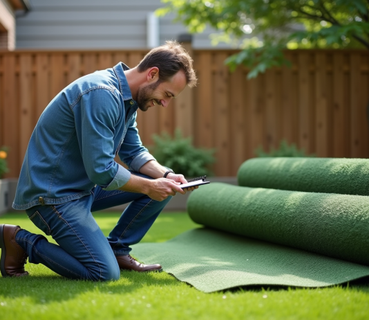 Calculer la quantité de gazon synthétique : conseils et astuces Homme d'âge moyen calculant la surface du gazon synthétique dans un jardin