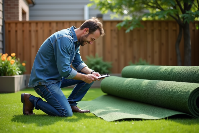 Homme d'âge moyen calculant la surface du gazon synthétique dans un jardin