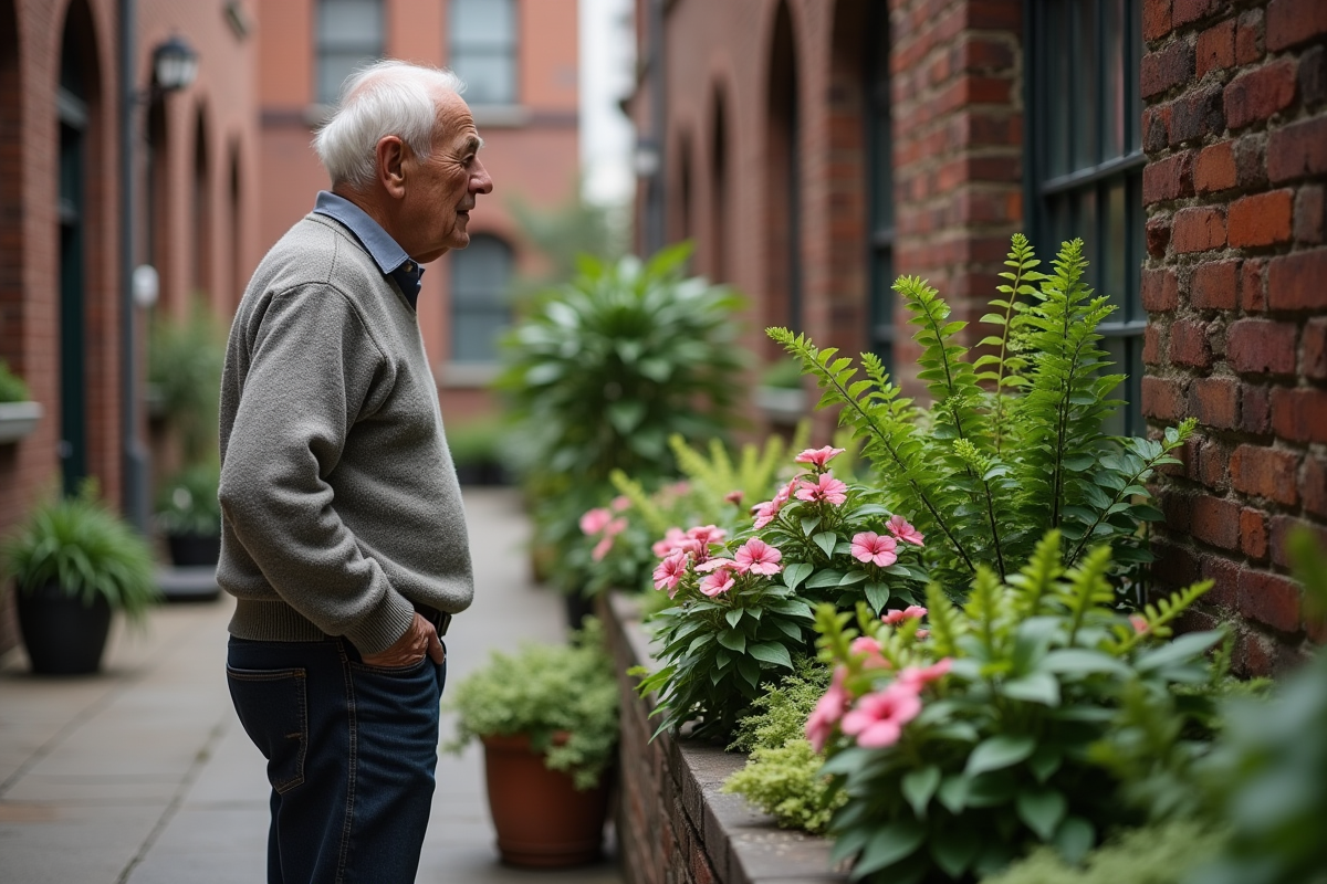 Homme âgé observant des impatiens dans une cour urbaine