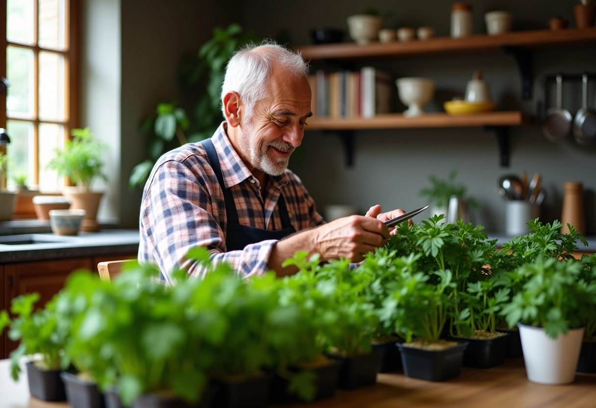 Homme récoltant du persil dans une cuisine ensoleillee