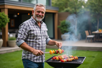 Homme d'âge moyen souriant cuisine barbecue en extérieur