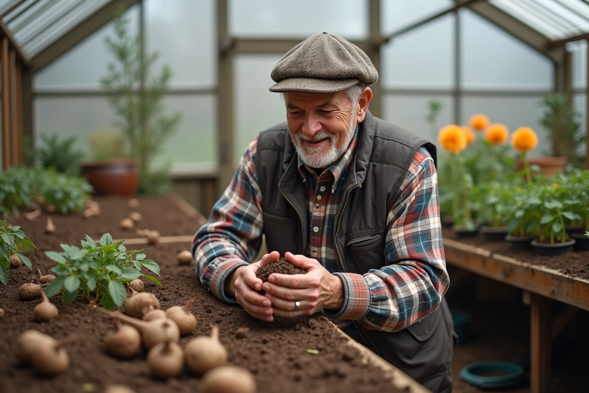 Homme âgé inspecte des tubers de dahlias dans la serre