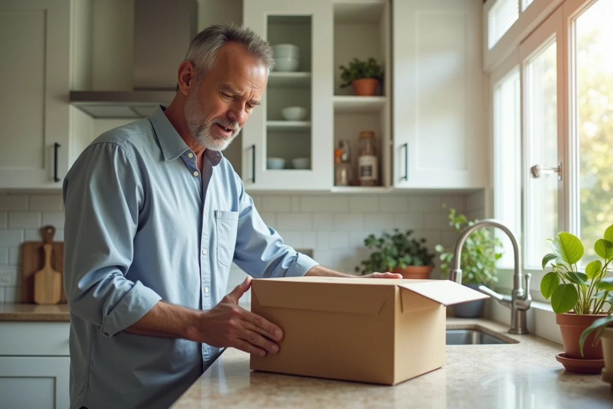 Homme unboxing une box dans une cuisine moderne et lumineuse