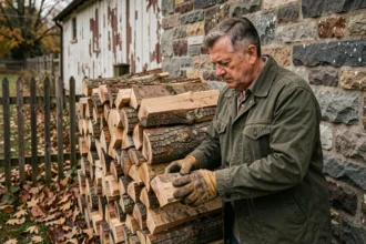 Homme empilant des bûches de chêne en stère dans une cour de ferme en pierre à l'automne